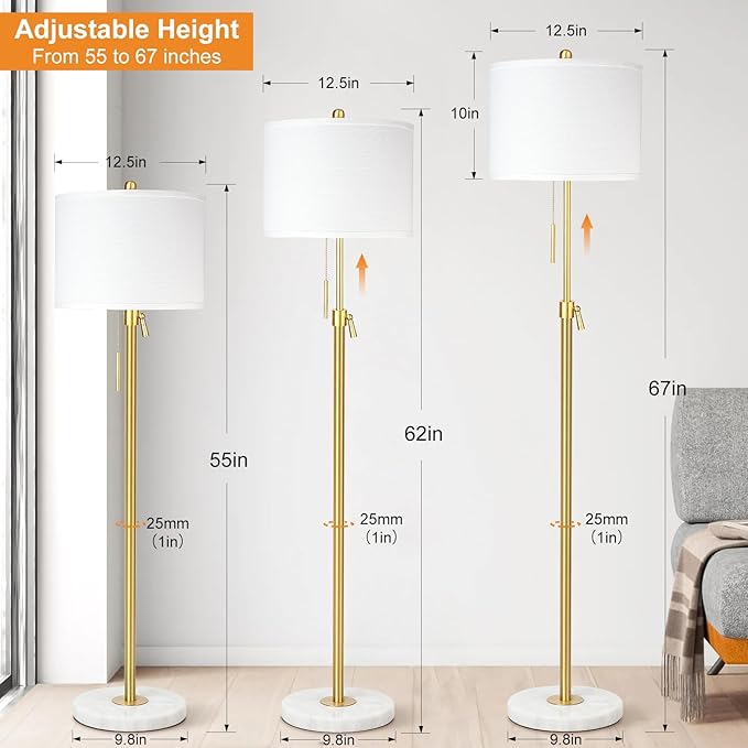 Modern Floor Lamp for Living Room, Adjustable Height Standing Lamp with Marble Base, 3-Way Dimmable Gold Brass Tall Pole Light with White Linen Shade for Reading, Bedroom, Chain Switch, Bulb Included - LeafyLoom