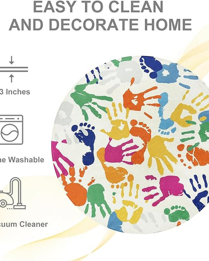 Colorful Round Rug for Kids Bedroom, 4'x4' Handprints and Footprints Circle Rug for Playroom, Rainbow Washable Rug for Nursery, Small Circular Carpet for Classroom Dorm Daycare - LeafyLoom