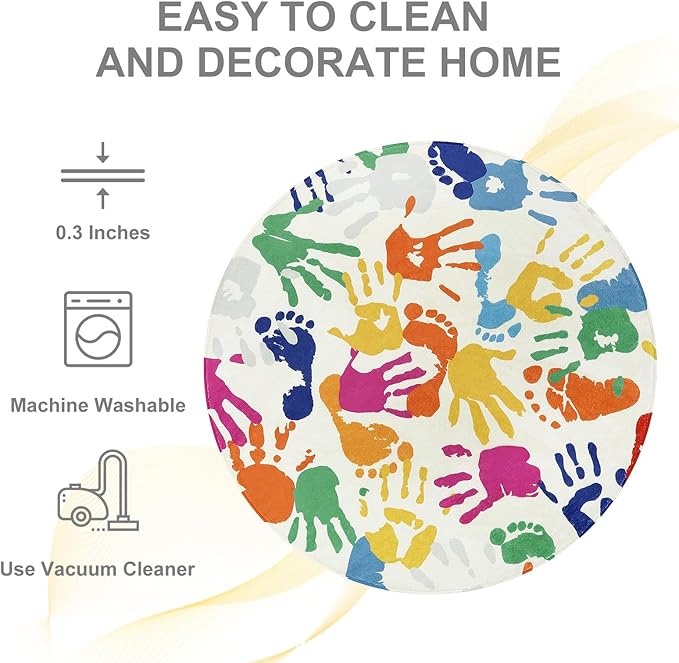Colorful Round Kids Rug 5 Ft, Machine Washable Rug for Playroom, Non-Slip Circle Rugs for Classroom, Soft Circular Carpet Handprints and Footprints Play Mat for Nursery Bedroom Preschool - LeafyLoom