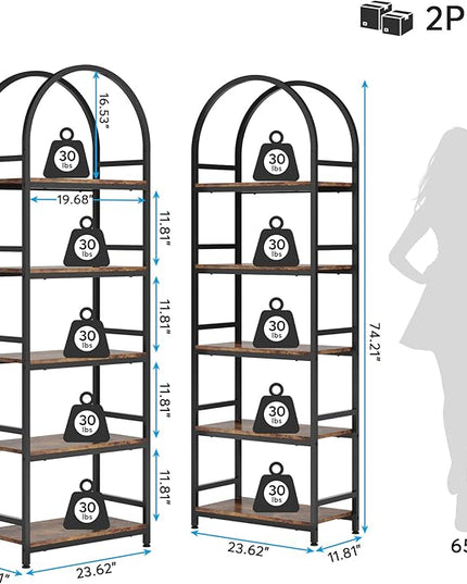 Tribesigns 5-Tier Open Bookshelf, 74.4" Wood Bookcase Storage Shelves with Metal Frame, Freestanding Display Rack Tall Shelving Unit for Office, Bedroom, Living Room, Easy Assembly(Brown, 2PCS) - LeafyLoom
