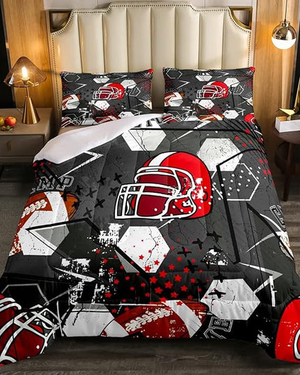 Erosebridal Football Comforter Set Full,Red American Football Helmet Bedding Set for Kids Boys Teens Men Bed,Grunge Geometric Hexagon Comforter Retro Grey Soft Quilt Duvet Sets with 2 Pillow Cases - LeafyLoom
