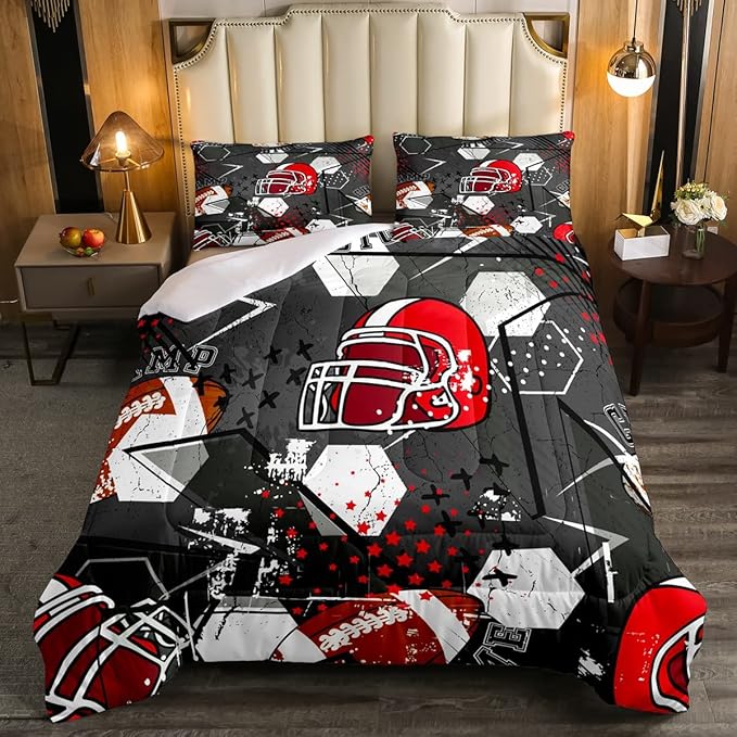 Erosebridal Football Comforter Set Full,Red American Football Helmet Bedding Set for Kids Boys Teens Men Bed,Grunge Geometric Hexagon Comforter Retro Grey Soft Quilt Duvet Sets with 2 Pillow Cases - LeafyLoom