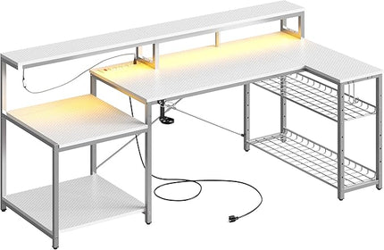 Bestier White Gaming Desk with Power Outlet, 71.5 LED Computer Desk with Monitor Stand, Large L Shaped Desk with Adjustable Shelf, Cup Holder & Headset Hooks, Corner Study Desk for Bedroom - LeafyLoom