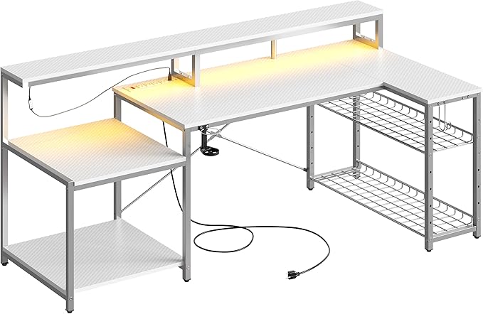 Bestier White Gaming Desk with Power Outlet, 71.5 LED Computer Desk with Monitor Stand, Large L Shaped Desk with Adjustable Shelf, Cup Holder & Headset Hooks, Corner Study Desk for Bedroom - LeafyLoom