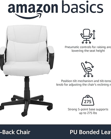 Amazon Basics Office Computer Task Desk Chair with Padded Armrests, Mid-Back, Adjustable, 360 Swivel, Rolling, 275 Pound Capacity, 24.2"D x 24"W x 38.6"H, BIFMA Certified, White Faux Leather - LeafyLoom