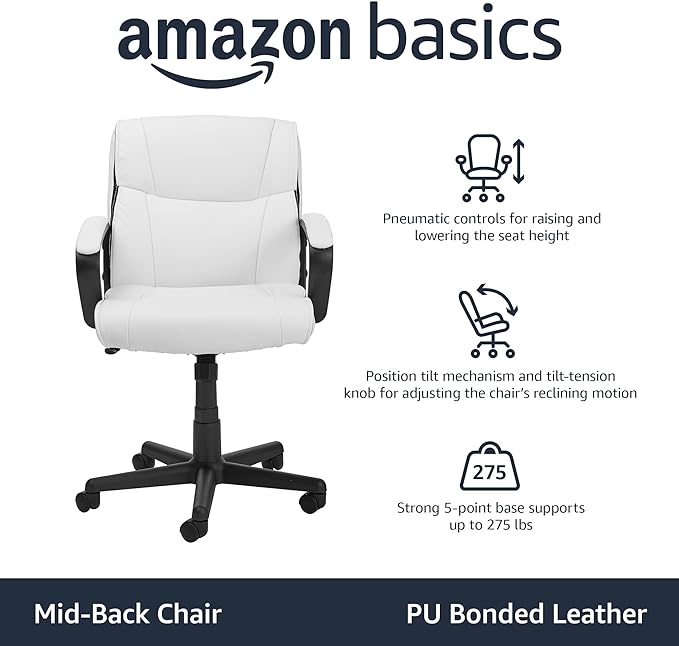 Amazon Basics Office Computer Task Desk Chair with Padded Armrests, Mid-Back, Adjustable, 360 Swivel, Rolling, 275 Pound Capacity, 24.2"D x 24"W x 38.6"H, BIFMA Certified, White Faux Leather - LeafyLoom