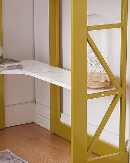 VECELO Corner Computer Desk Writing Smooth Keyboard Tray & Storage Shelves,Compact Home Office Triangle Table, Gold & White - LeafyLoom