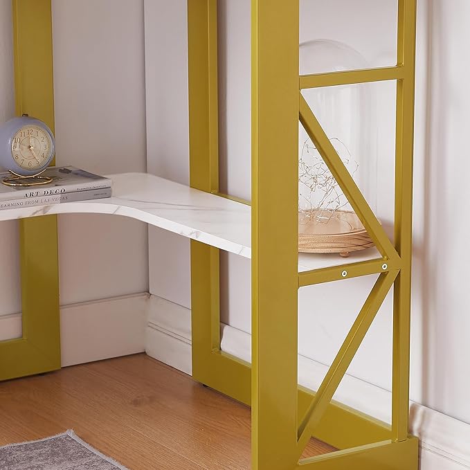 VECELO Corner Computer Desk Writing Smooth Keyboard Tray & Storage Shelves,Compact Home Office Triangle Table, Gold & White - LeafyLoom
