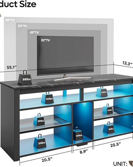 Bestier LED Tall Entertainment Center, 55 inch TV Stand for 55/60/65 inch TV, Gaming TV Cabinet with Storage for PS5, Adjustable Shelf Media TV Console for Living Room Bedroom, Black Marble - LeafyLoom
