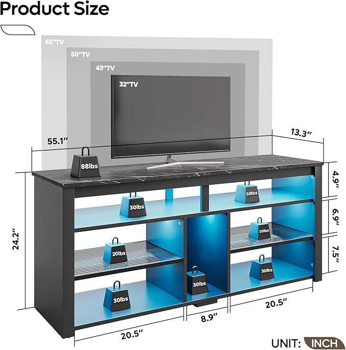 Bestier LED Tall Entertainment Center, 55 inch TV Stand for 55/60/65 inch TV, Gaming TV Cabinet with Storage for PS5, Adjustable Shelf Media TV Console for Living Room Bedroom, Black Marble - LeafyLoom