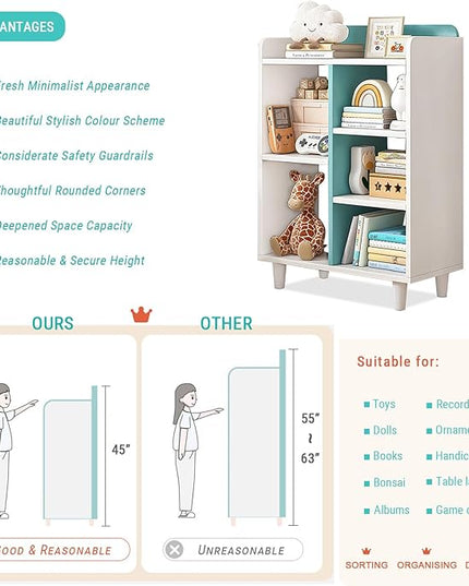Wooden Cube Bookcase with Legs - 3-Tier Open Shelf Kidsroom Sorted Storage Cabinet Organizer for Books and Toys, 5-Cube Lattice Cute Cubby Bookshelf in White Mixed Westlake Blue, 24" W - LeafyLoom
