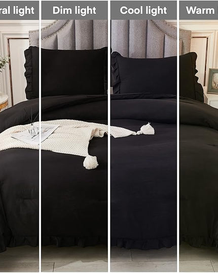 Andency Black Full Size Comforter Set, 3 Pieces Ruffle Farmhouse Shabby Chic Bedding Comforter & Sets, Soft Lightweight Fluffy All Season Down Alternative Bed Set for Boys Kids Men Women - LeafyLoom