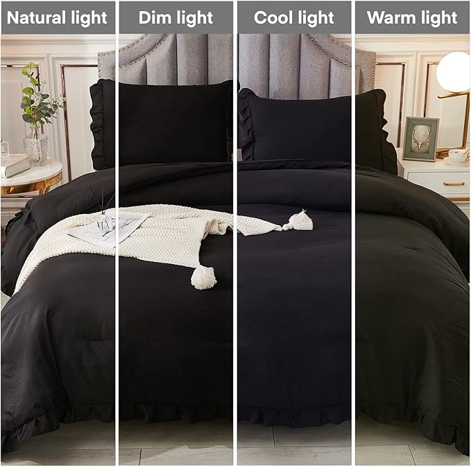 Andency Black Queen Comforter Set, 3 Pieces Farmhouse Shabby Chic Bedding Comforter & Sets for Queen Bed, Soft Lightweight Fluffy All Season Down Alternative Bed Set for Men Women - LeafyLoom