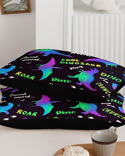 Axolotl Cartoon Dinosaur Bedding Set,Twin Size Kids Bed Set,Gradient Dinosaur Comforter Set,1 Quilt with 2 Pillowcases for Boys Girls Kids Teens Children Adults Room Decor All Season,Black - LeafyLoom