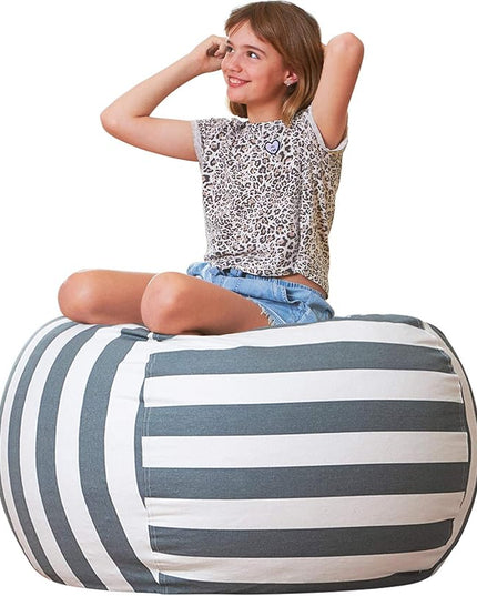Aubliss Stuffed Animal Bean Bag Storage Chair, Beanbag Covers Only for Organizing Plush Toys, Turns into Bean Bag Seat for Kids When Filled, Medium 32"-Canvas Stripes Grey/White - LeafyLoom
