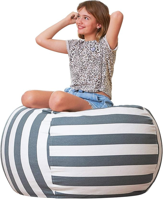 Aubliss Stuffed Animal Bean Bag Storage Chair, Beanbag Covers Only for Organizing Plush Toys, Turns into Bean Bag Seat for Kids When Filled, Large 38"-Canvas Stripes Grey/White - LeafyLoom