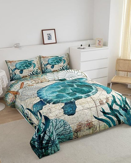 Turtle Bedding Teal Turtle Comforter Set Turquoise Ocean Themed Mediterranean Style Printed Design Ocean Turtle Down Comforter Quilted Duvet Set Queen Size 1 Comforter 2 Pillowcases (Queen, Turtle) - LeafyLoom