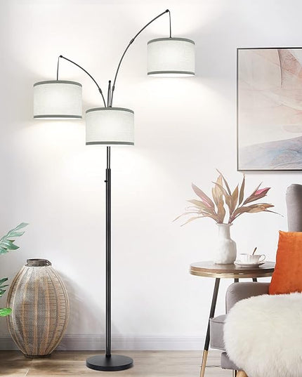 Dimmable Floor Lamp - 3 Lights Arc Floor Lamps for Living Room, 1000LM Modern Tall Standing Lamp With Gray Shades & Heavy Base, Mid Century Tree Floor Lamp for Bedroom Office, 3 LED Bulbs Included - LeafyLoom