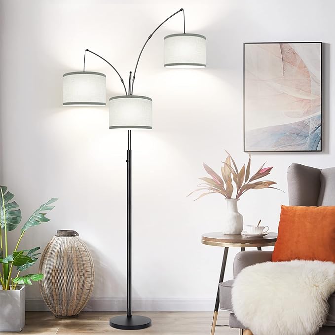 Dimmable Floor Lamp - 3 Lights Arc Floor Lamps for Living Room, 1000LM Modern Tall Standing Lamp With Gray Shades & Heavy Base, Mid Century Tree Floor Lamp for Bedroom Office, 3 LED Bulbs Included - LeafyLoom