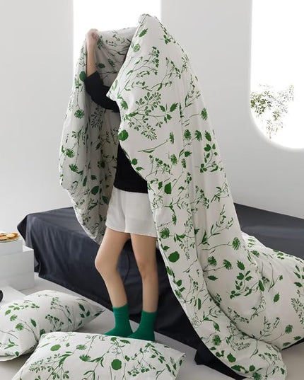 Sage Botanical Comforter Queen White Green Floral Plant Bedding Comforter Set Girls Garden Pattern Printed on White Blanket Rustic Leaf Blossom Women White Farmhouse Comforter Queen - LeafyLoom