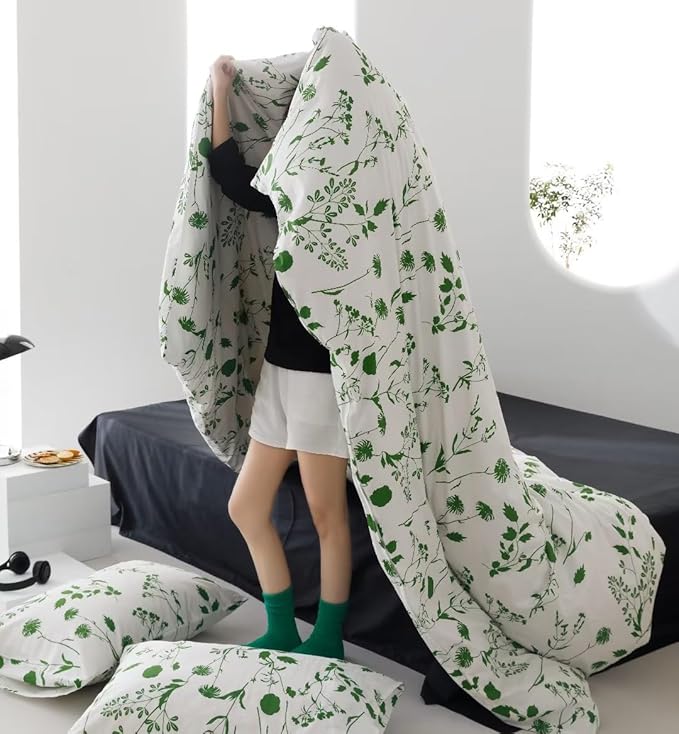 Sage Botanical Comforter Queen White Green Floral Plant Bedding Comforter Set Girls Garden Pattern Printed on White Blanket Rustic Leaf Blossom Women White Farmhouse Comforter Queen - LeafyLoom
