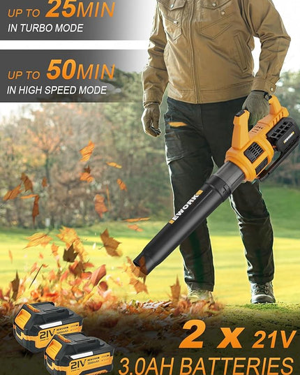 EWORK Cordless Leaf Blower - 21V Electric Leaf Blower Cordless with (2) 3.0Ah Battery and Fast Charger 400CFM Variable Speed & Turbo Mode - Battery Powered Leaf Blowers for Lawn Care and Patio - LeafyLoom