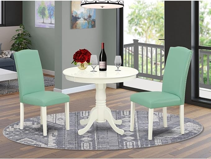 East West Furniture Antique 3 Piece Dinette Set for Small Spaces Contains a Round Kitchen Table with Pedestal and 2 Pond Faux Leather Parson Dining Chairs, 36x36 Inch, ANEN3-LWH-57 - LeafyLoom