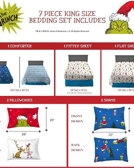 Franco Grinch by Dr. Seuss Holiday & Christmas Bedding Super Soft Comforter and Sheet Set with Sham, 7 Piece King Size (Official Dr. Seuss Product) - LeafyLoom