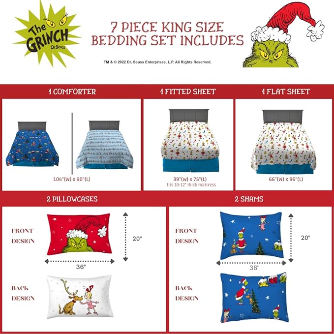 Franco Grinch by Dr. Seuss Holiday & Christmas Bedding Super Soft Comforter and Sheet Set with Sham, 7 Piece King Size (Official Dr. Seuss Product) - LeafyLoom