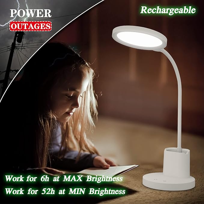 GOLSPARK Battery Operated Desk Lamp LED Rechargeable 4500mAh White LED Desk Lamps Dimmable, Touch Control 360°Flexible Dorm Reading Lamp for Students-3 Color Modes with Pen Holder Phone Stand - LeafyLoom