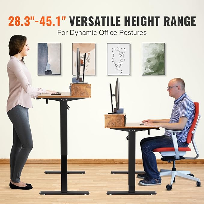 VEVOR Standing Desk with Shelves 47.2 x 23.6 Inch Height Adjustable Desk Dual Monitor Riser Workstation Adjustable Desk 3-Key Modes Sturdy Dual Metal Frame 180LBS Capacity for Home Office - LeafyLoom