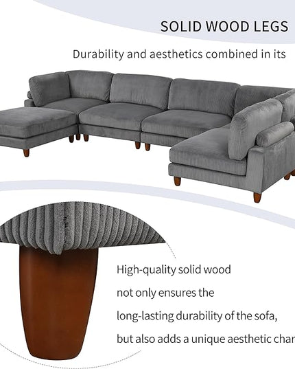 Free Combination Convertible Modular Sectional Sofa with Movable Ottomans , 163'' Oversized Corduroy Upholstered Sleeper Corner Couch Sofabed with Wooden Legs and Detachable Cushions for Living Room - LeafyLoom