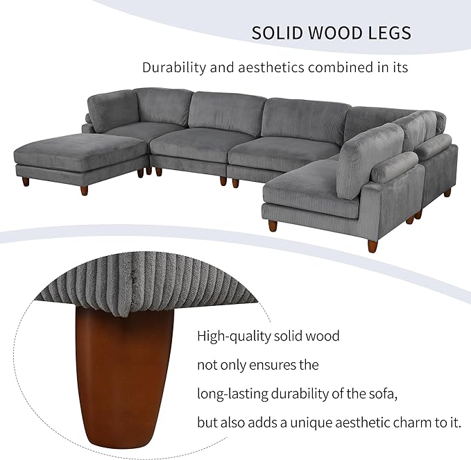 Free Combination Convertible Modular Sectional Sofa with Movable Ottomans , 163'' Oversized Corduroy Upholstered Sleeper Corner Couch Sofabed with Wooden Legs and Detachable Cushions for Living Room - LeafyLoom