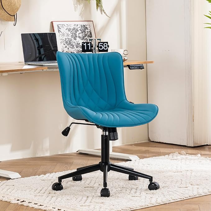 YOUTASTE Office Chair with Wheels Modern Armless Desk Chair, Adjustable Swivel Rolling Computer Task Chair, Faux Leather Sewing Chairs with Ergonomic Rocking Back Gaming Chair, Bright Blue - LeafyLoom