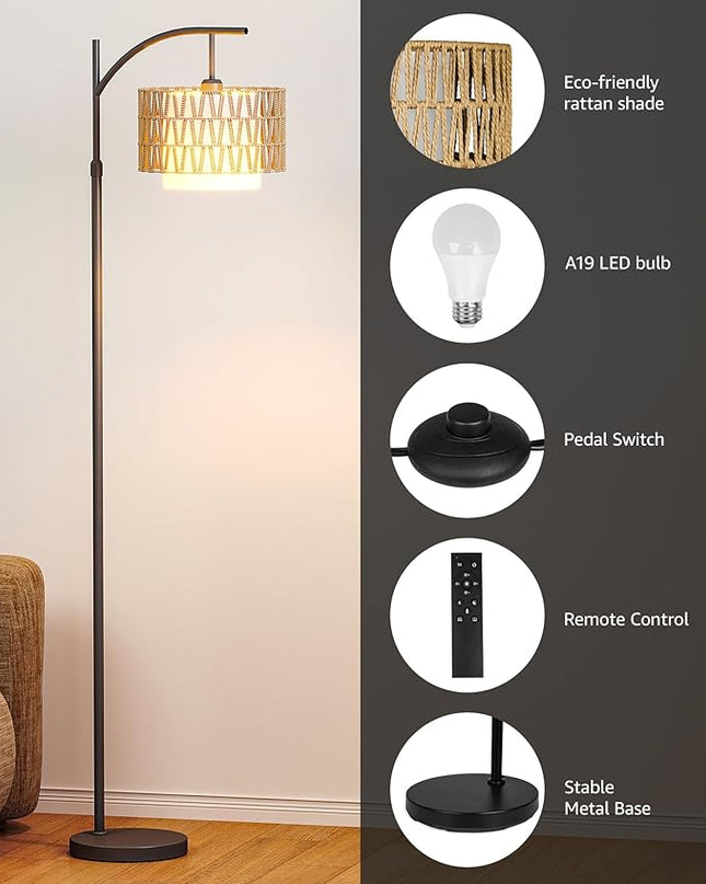 Boho Arc Rattan Floor Lamp with Remote Control - Tall Standing Lamp for Living Room, Mid Century Farmhouse Floor Lamp, Adjustable Height and 360° Rotation for Bedroom, Study Room - LeafyLoom