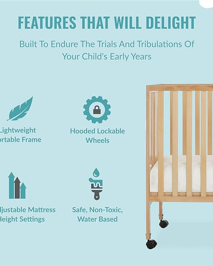 Quinn Full-Size Folding Crib in Natural, Removeable Wheels, Modern Nursey, Adjustable Mattress Support, Portable Crib, Patented Folding System - LeafyLoom