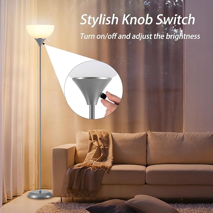 Floor Lamps for Living Room, Dimmable LED Modern Simple Standing Lamp, Tall Lamps for Bedroom Office Dining Room Kitchen, Minimalist Black Pole Lamp with Rotary Switch, 9W LED Bulb Included, Grey - LeafyLoom