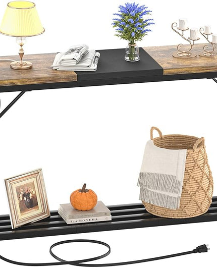 Narrow Console Table with Power Strips, Sofa Table with Storage Shelves for Living Room, 2-tier Foyer Tables for Entryway, Hallway, Behind Couch, Kitchen Counter, 39'', Rustic & Black - LeafyLoom