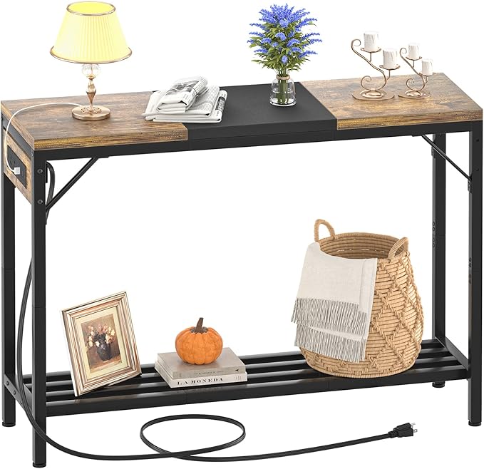 Narrow Console Table with Power Strips, Sofa Table with Storage Shelves for Living Room, 2-tier Foyer Tables for Entryway, Hallway, Behind Couch, Kitchen Counter, 39'', Rustic & Black - LeafyLoom