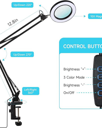 LED Magnifier Desk Lamp with Stand, 3 Color Modes & Stepless Dimming 5-Diopter Glass Lens, Adjustable Swivel Arm - Magnifying lamp for Close Work, Repair, Crafts, Reading - Long - LeafyLoom