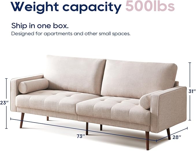 Vonanda Fabric Sofa Couch, Mid-Century 73 Inch 3 Seater Linen Couch with Hand-Stitched Comfort Cushion and Bolster Pillows for Living Room,Elegant Beige - LeafyLoom