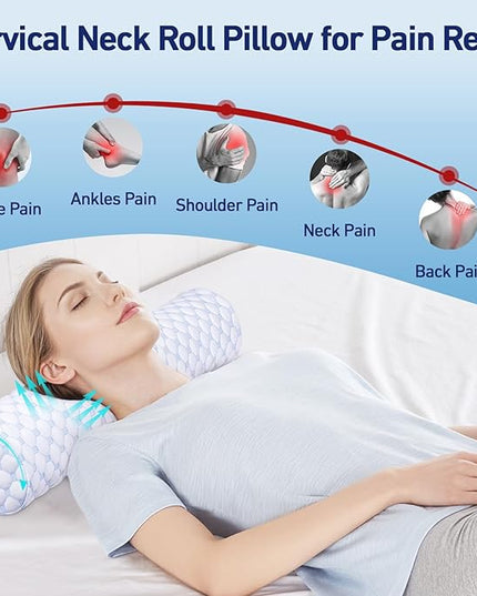 Neck Roll Pillow - Cooling Neck Roll Pillow for Sleeping - Cervical Neck Roll Pillow for Neck Support - Memory Foam Memory Foam Round Cylinder Bolster Pillow for Bed, Couch, Yoga (Blue) - LeafyLoom