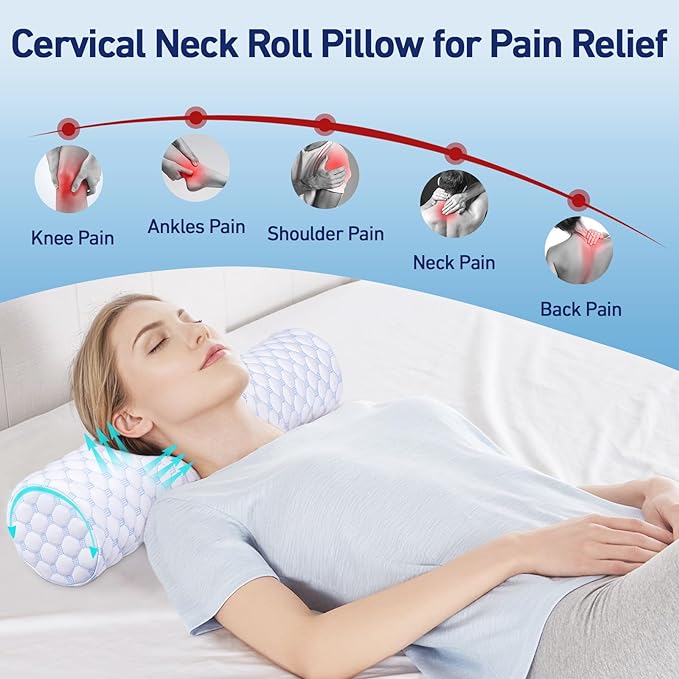 Neck Roll Pillow - Cooling Neck Roll Pillow for Sleeping - Cervical Neck Roll Pillow for Neck Support - Memory Foam Memory Foam Round Cylinder Bolster Pillow for Bed, Couch, Yoga (Blue) - LeafyLoom