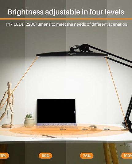 LED Desk Lamp with Clamp, Dimming Task Lamp for Reading Desktop Office Workbench Table Architect Sewing Study Home Craft, Bright 117PCS LEDs, 2200 Lumens 20 Inch Metal Swivel Arm Work Lamp - LeafyLoom