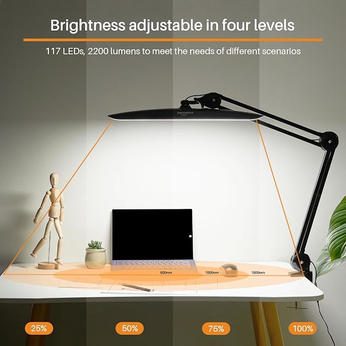 LED Desk Lamp with Clamp, Dimming Task Lamp for Reading Desktop Office Workbench Table Architect Sewing Study Home Craft, Bright 117PCS LEDs, 2200 Lumens 20 Inch Metal Swivel Arm Work Lamp - LeafyLoom