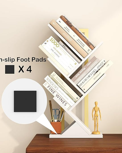 Yusong Tree Bookshelf, 5-Tier Small Bookcase with Metal Frame, Geometric Floor Standing Books Shelves Wooden Shelf for Office Desk Bedroom Tabletop Living Room White - LeafyLoom