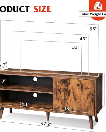 WLIVE Mid-Century Modern TV Stand for 55" TV, Entertainment Center with Storage, Open Shelves TV Console for Living Room and Bedroom, Retro Brown - LeafyLoom
