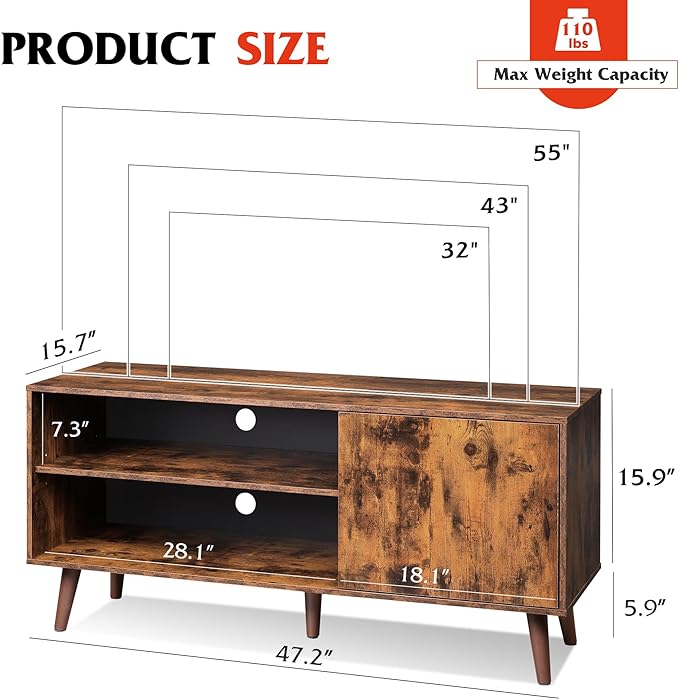 WLIVE Mid-Century Modern TV Stand for 55" TV, Entertainment Center with Storage, Open Shelves TV Console for Living Room and Bedroom, Retro Brown - LeafyLoom