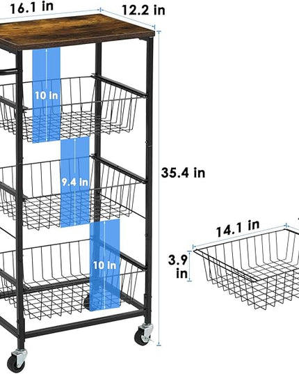 AIYAKA Kitchen Storage Cart 4 Tier Utility Rolling Microwave Cart on Wheels with Pull-Out Baskets and Wood Top for laundry room pantry bathroom, Brown - LeafyLoom