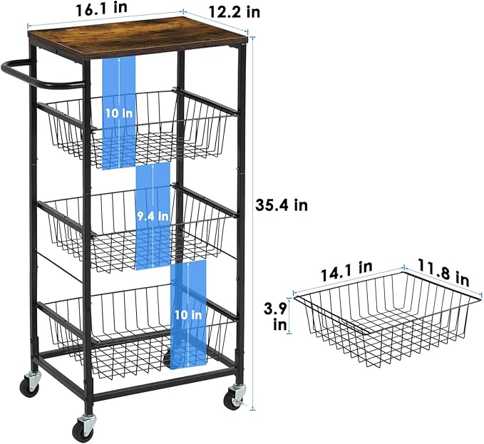 AIYAKA Kitchen Storage Cart 4 Tier Utility Rolling Microwave Cart on Wheels with Pull-Out Baskets and Wood Top for laundry room pantry bathroom, Brown - LeafyLoom